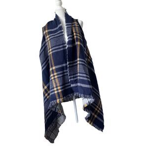 Steve Madden Blue and Gray Plaid Cape Reversible OS NWT